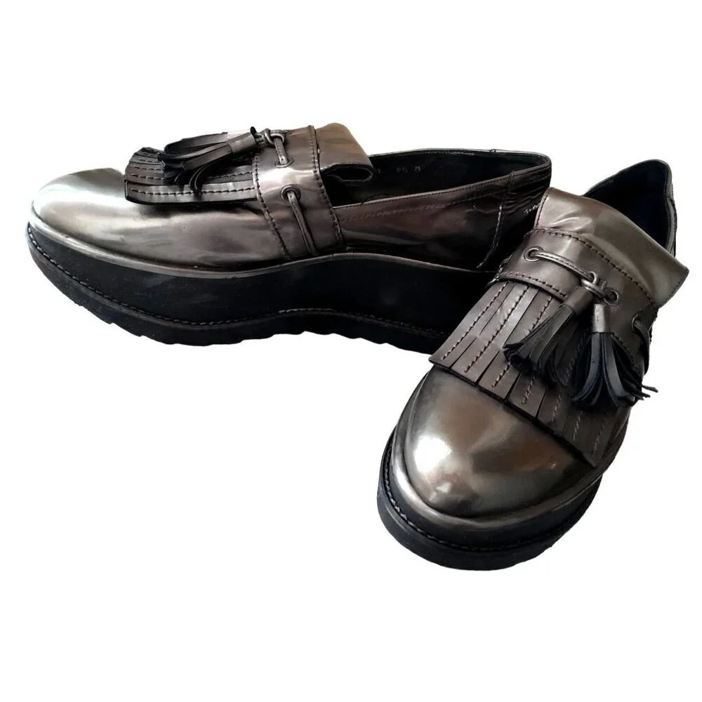 Stuart Weitzman Platform Shoes Preppy Chunky Metallic Gold Loafer Size 9.5M